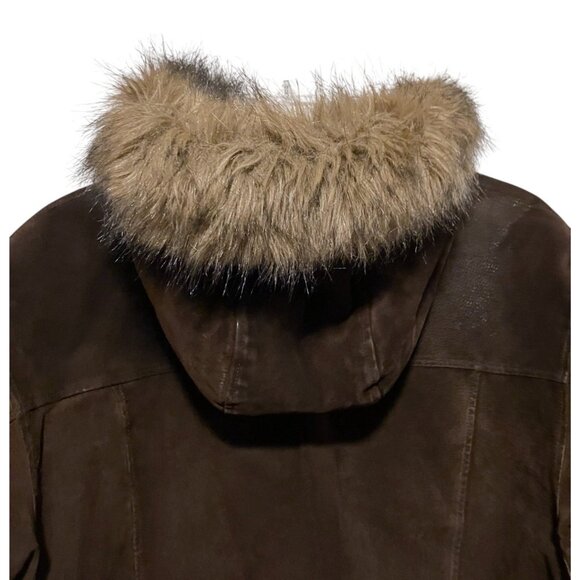 Vintage Wilsons Adventure Bound Mens Suede Coat L Faux Fur Trim Hood Heavy Chore - Picture 3 of 10